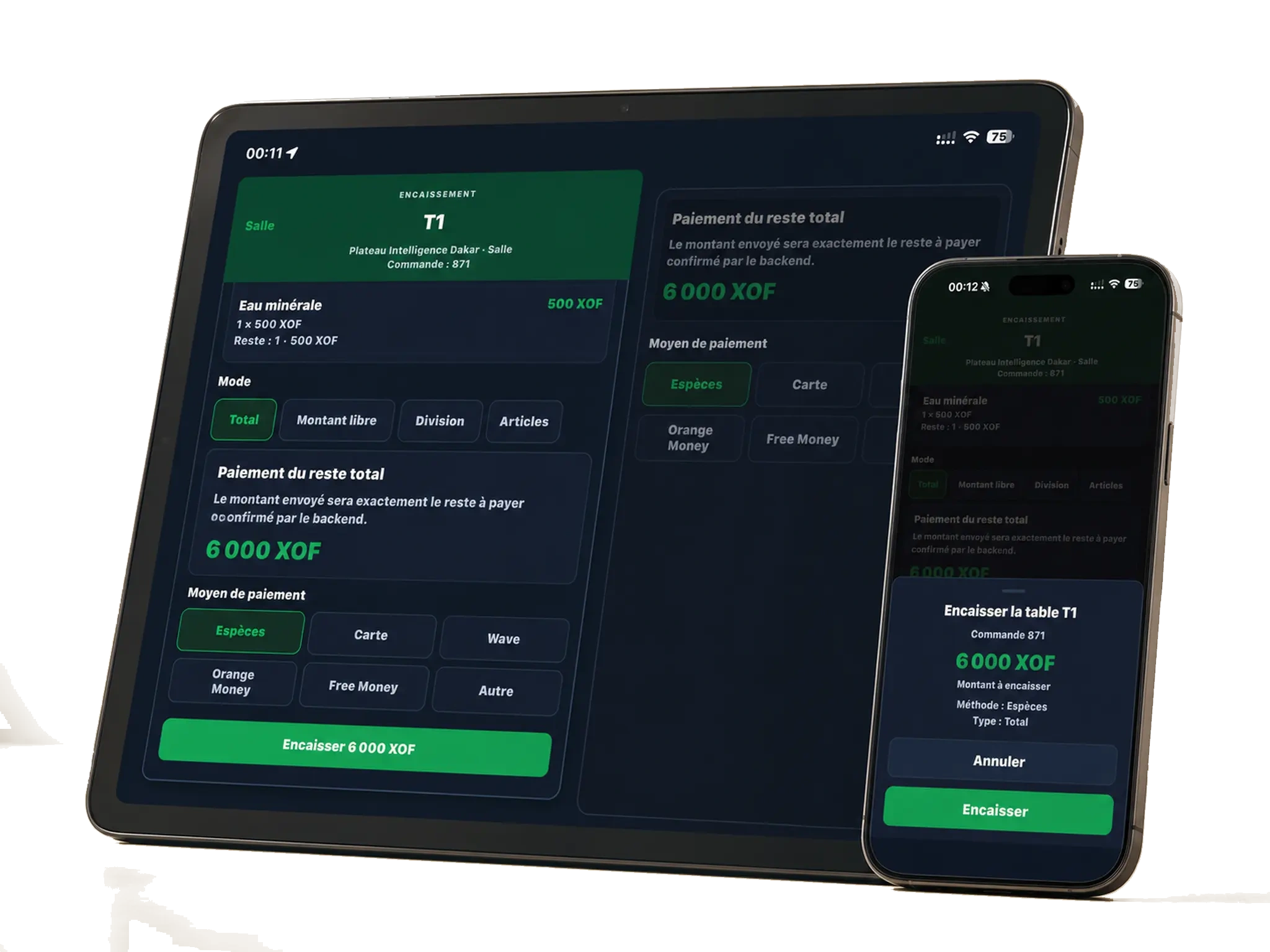 SunuPOS — encaissement de la table T1 en FCFA