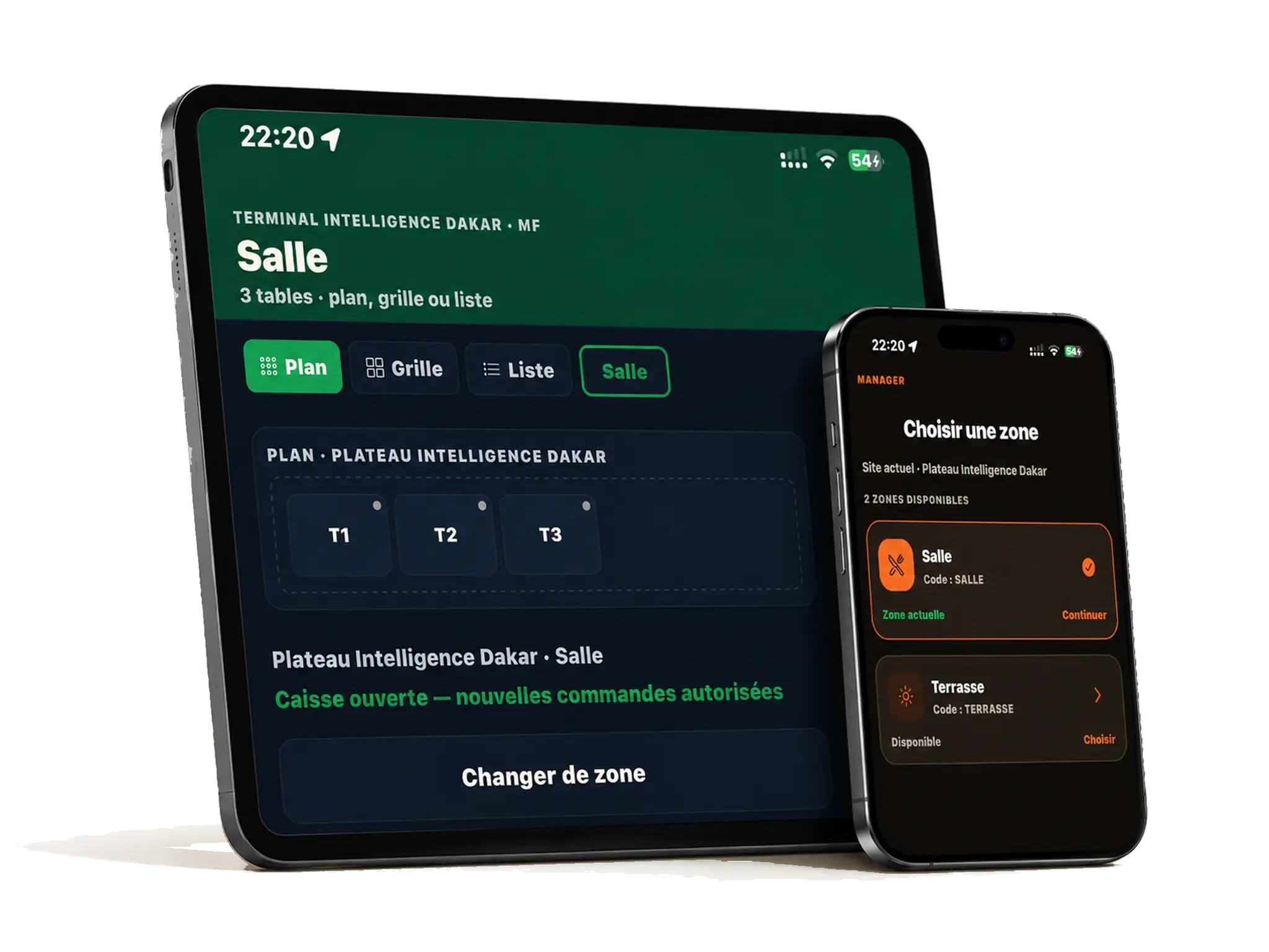 SunuPOS — plan de salle et choix de zone