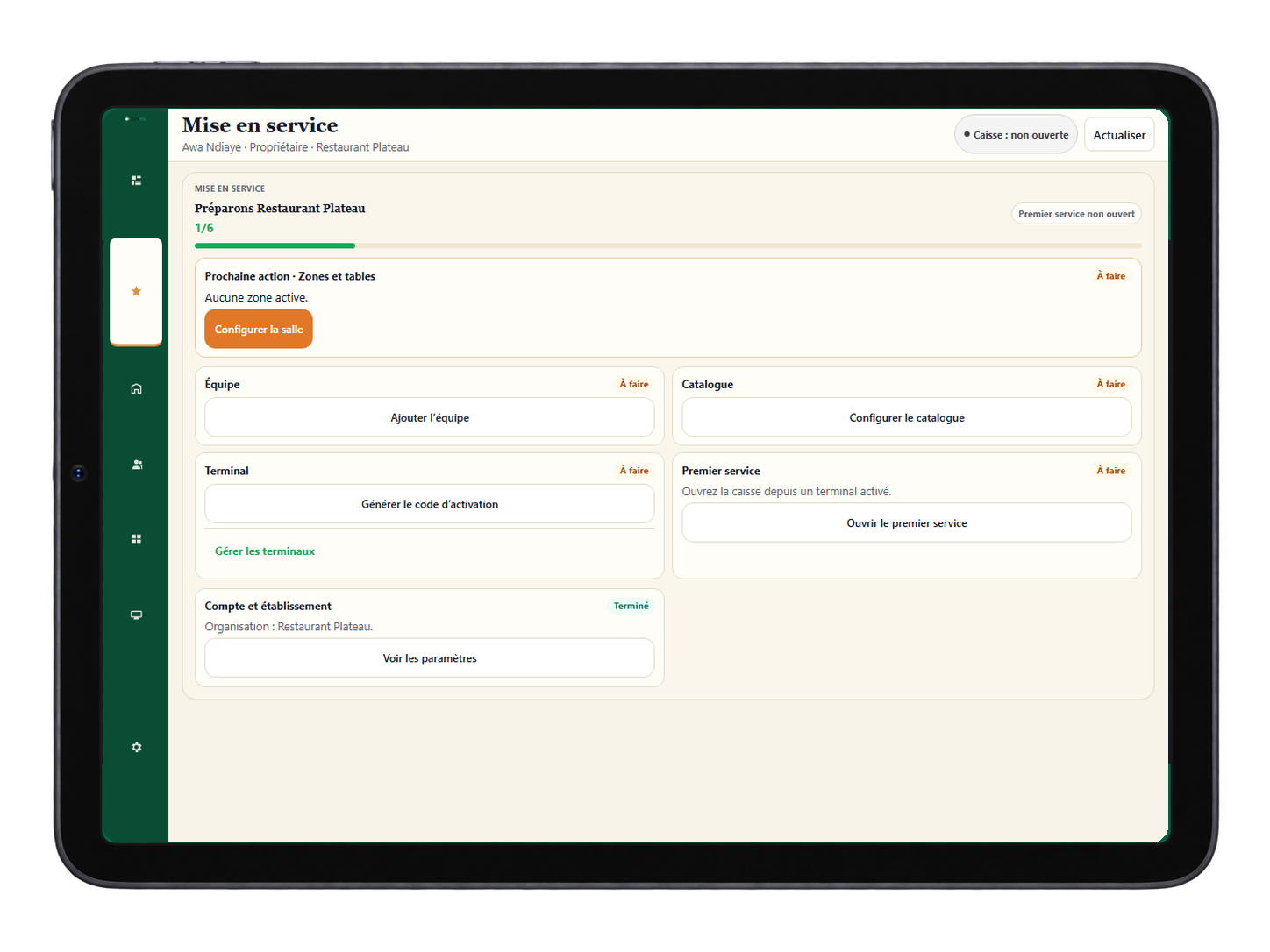 Interface SunuPOS de configuration des zones, de l’équipe, du catalogue et des terminaux.