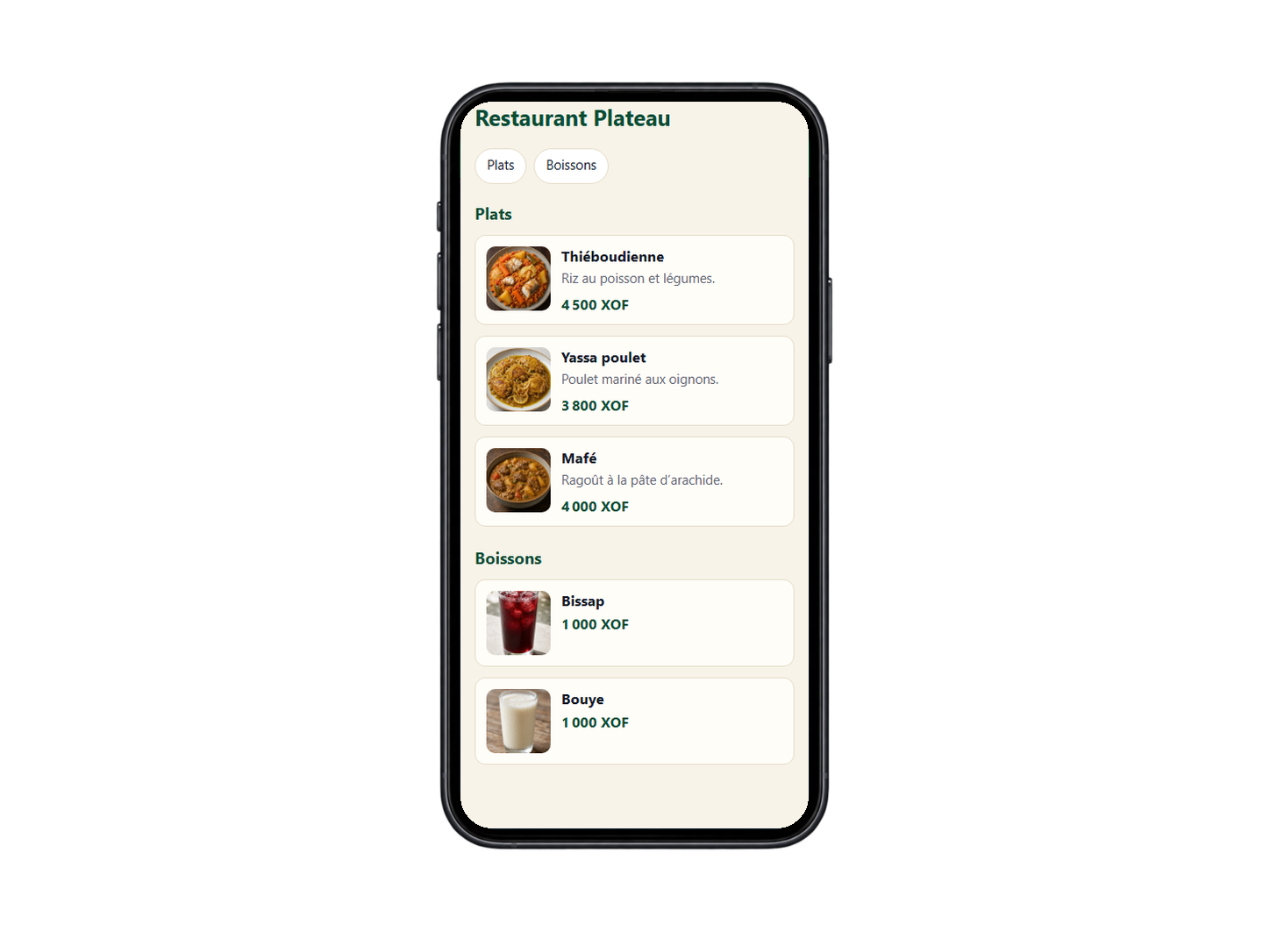 Menu public SunuPOS consulté sur iPhone, avec catégories, plats et prix en FCFA