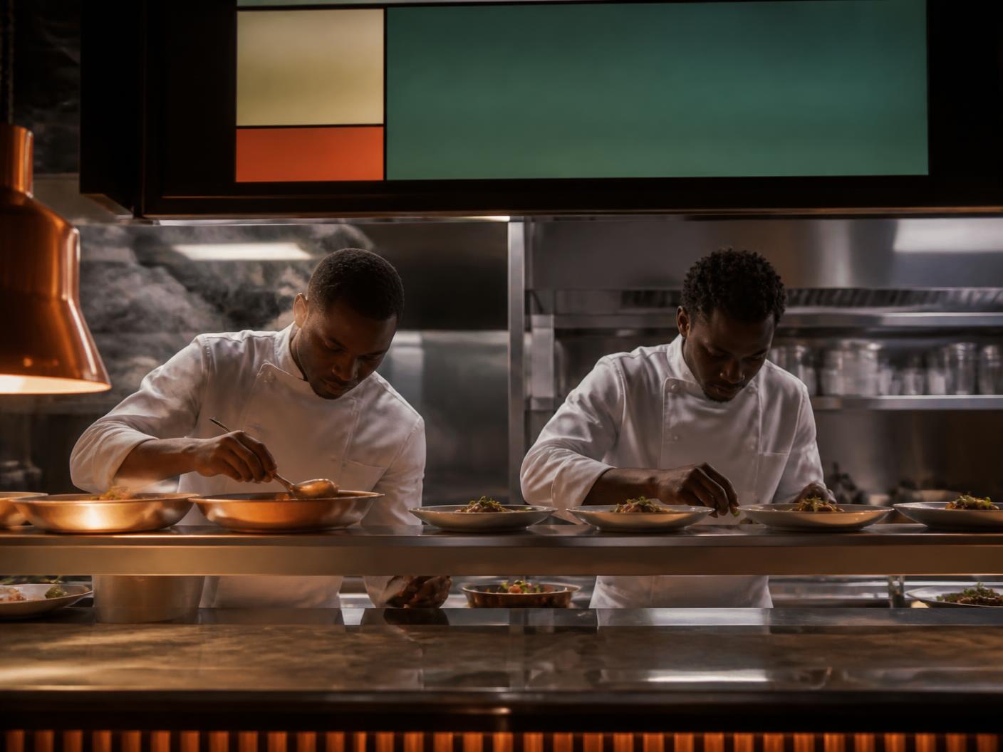 Équipe de cuisine au passe avec un écran de préparation